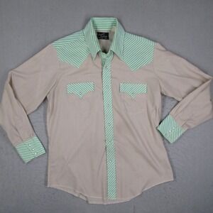 Vintage Champion Westerns Pearl Snap Shirt Mens Tan Green Striped Western Yoke